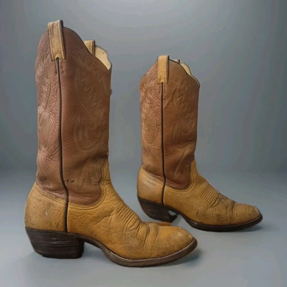 VTG Bona Allen Men’s Size 9D 2-tone Brown Leather Cowboy Western Boots 8056 Rare